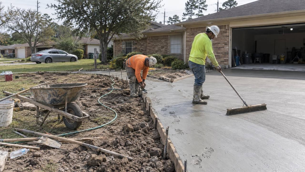 Finishers brooming a fresh concrete driveway in front of a Houston home