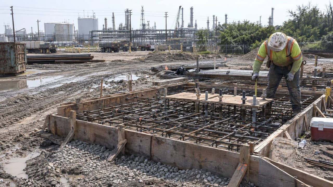 Worker checking an anchor-bolt template over the rebar mat of an equipment pad at a Houston plant
