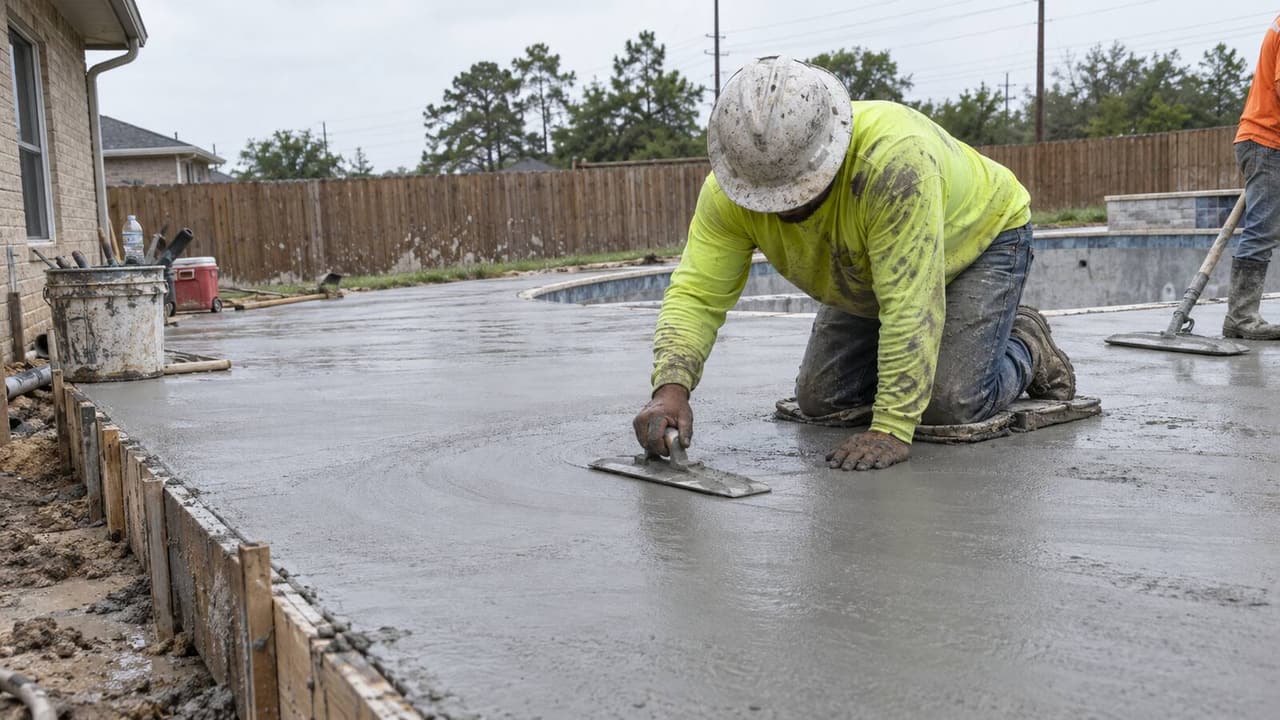 Finisher on knee boards hand-troweling a fresh concrete pool deck behind a Houston home