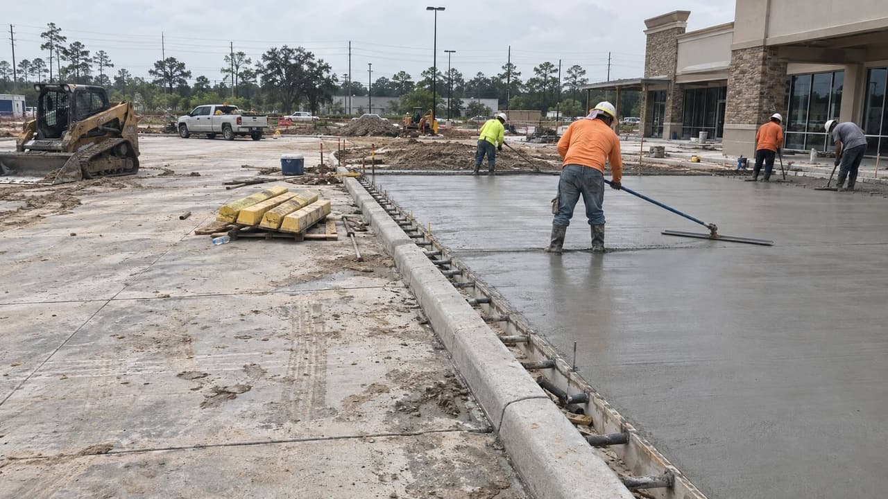 Crew bull-floating a concrete parking lot panel next to a new curb at a Houston retail center
