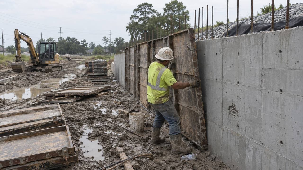Worker stripping steel forms from a cast-in-place concrete retaining wall on a muddy Houston site