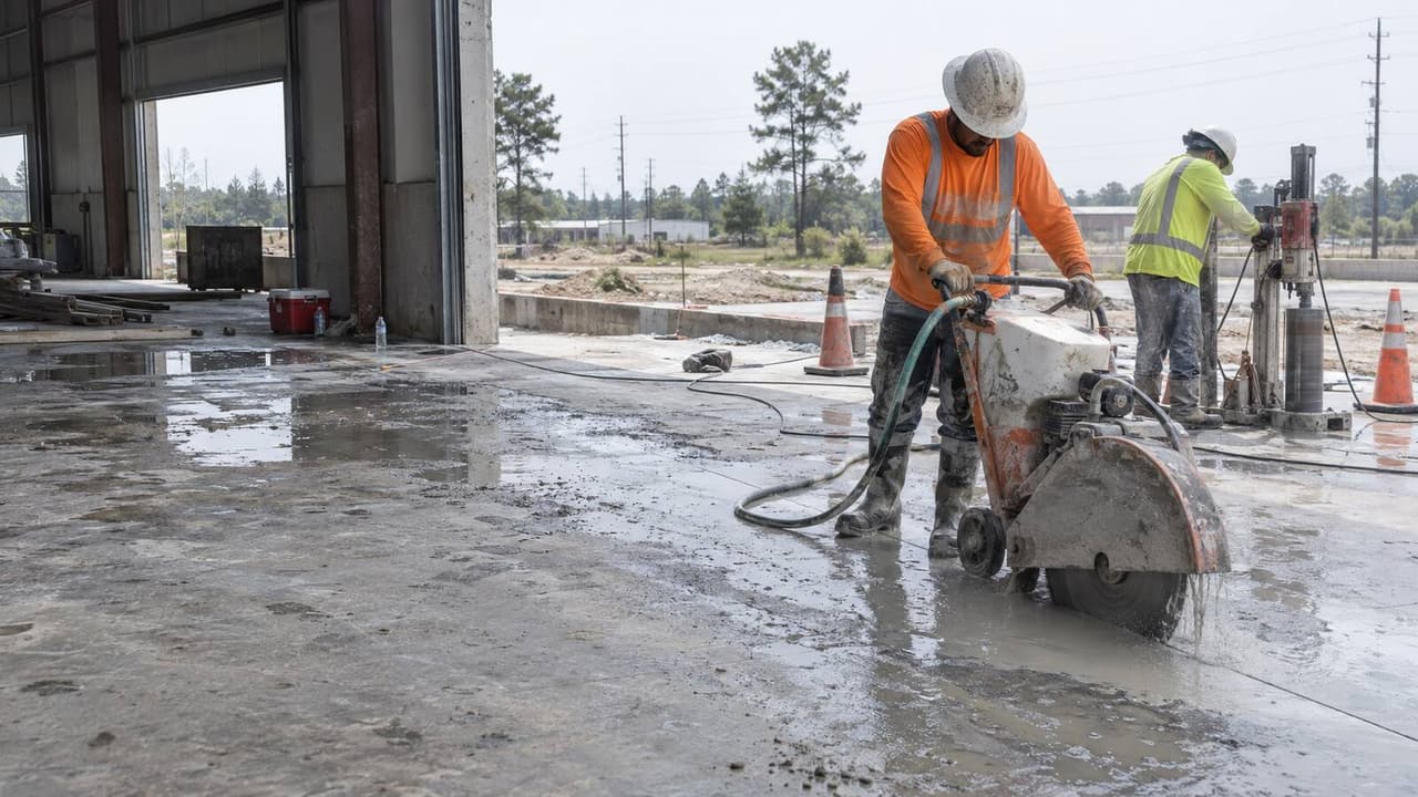 Worker wet-cutting a concrete slab with a walk-behind saw while a second worker core drills at a Houston warehouse