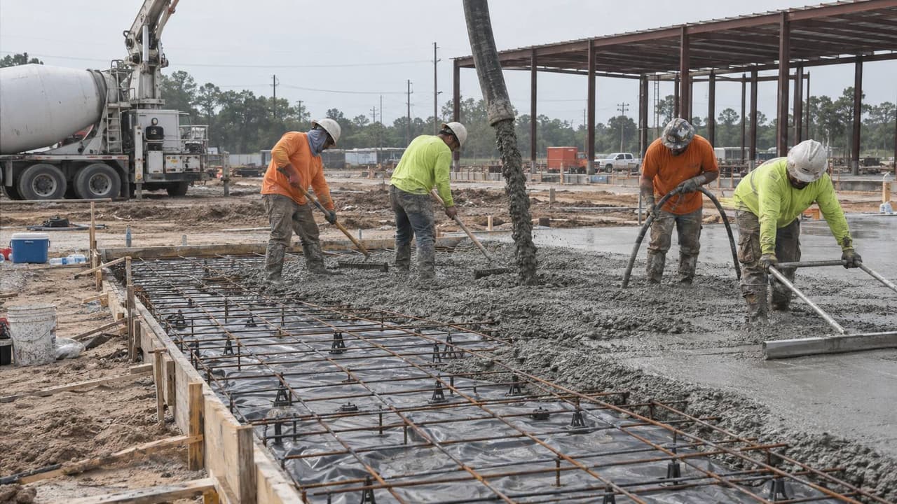 Crew raking and screeding a pumped concrete slab over rebar in Houston