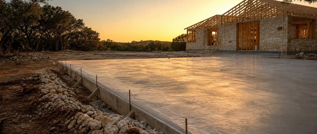 New residential concrete slab poured in front of a home under construction at sunset