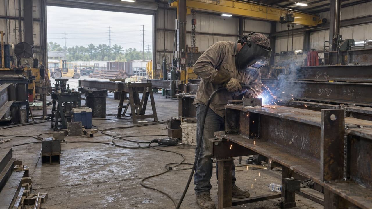 Welder fitting a clip to a steel beam on the fit-up table in a Houston fabrication shop