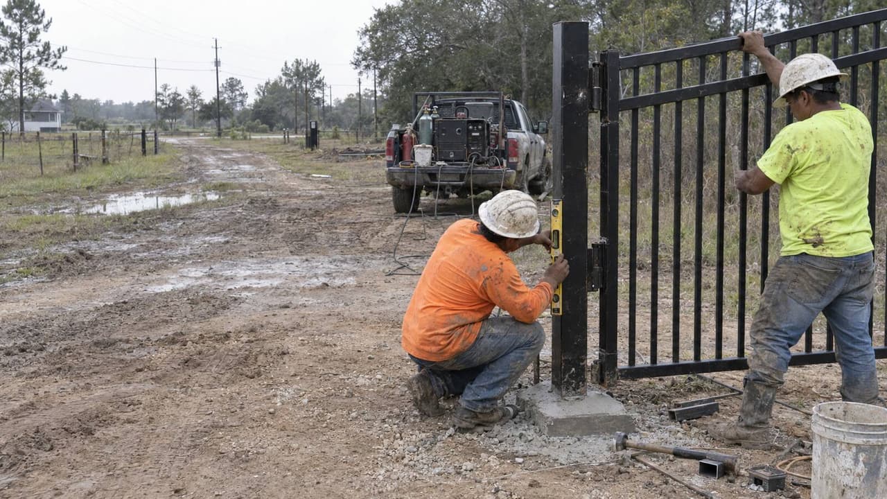 Crew plumbing a steel gate post and hanging a black iron driveway gate on a rural property near Houston