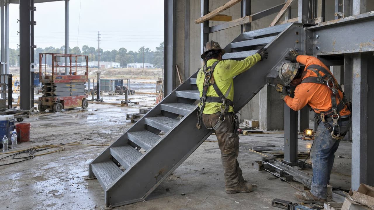 Ironworkers bolting a steel stair to a landing inside a Houston commercial building