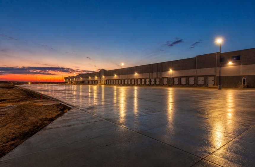 Finished warehouse project at sunset