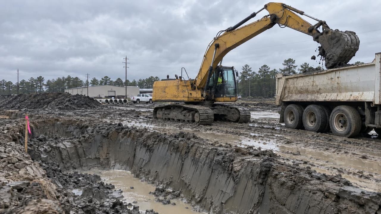 Excavator loading wet clay into a dump truck on a Houston commercial site