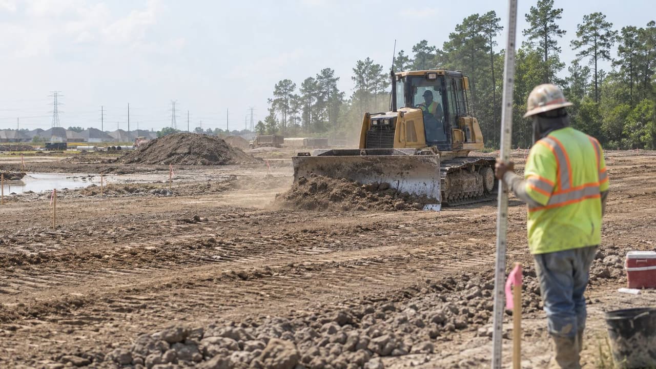 Dozer spreading fill on a graded lot at the edge of a Houston subdivision while a worker holds a grade rod