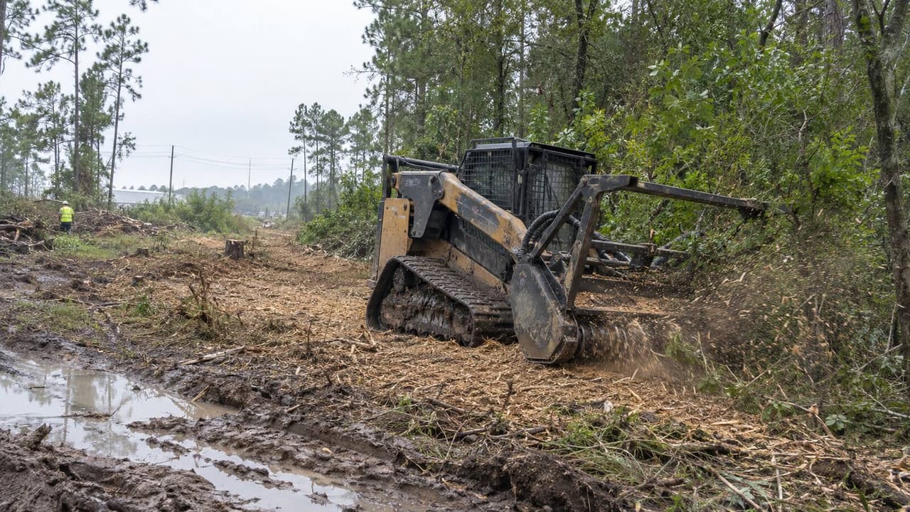 Forestry mulcher clearing brush and small trees on a wooded lot north of Houston