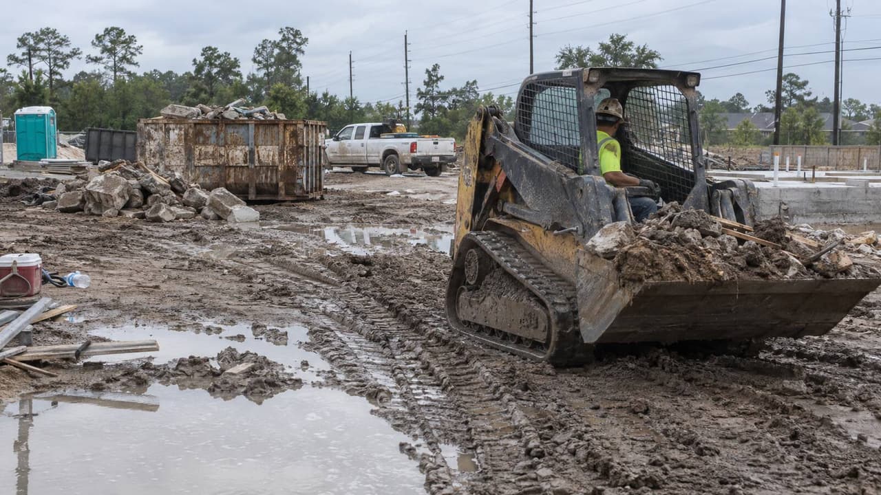 Operator hauling broken concrete in a compact track loader across a muddy Houston jobsite