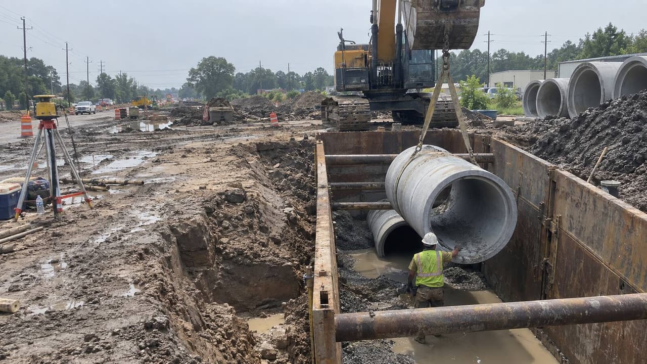 Crew setting concrete storm pipe inside a steel trench box on a Houston site